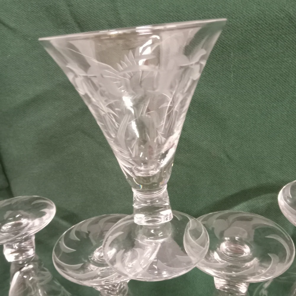 7 Vtg Duncan & Miller Crystal W/Frosty Etchings 2 oz Shot Stem Glasses